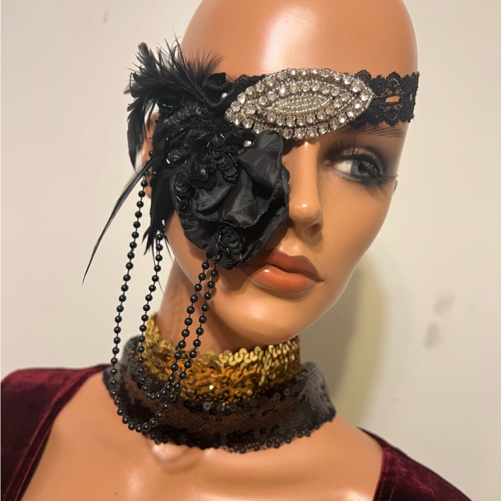 Elegant Black Lace Eye Mask  Beaded Embellishments  Burlesque Boudoir Eye Mask
